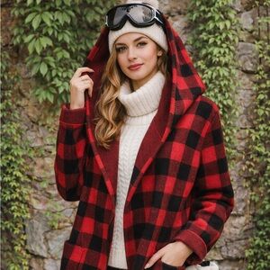 FIELD FLOWER Red and Black Buffalo Plaid Hooded Cardigan/Jacket, M